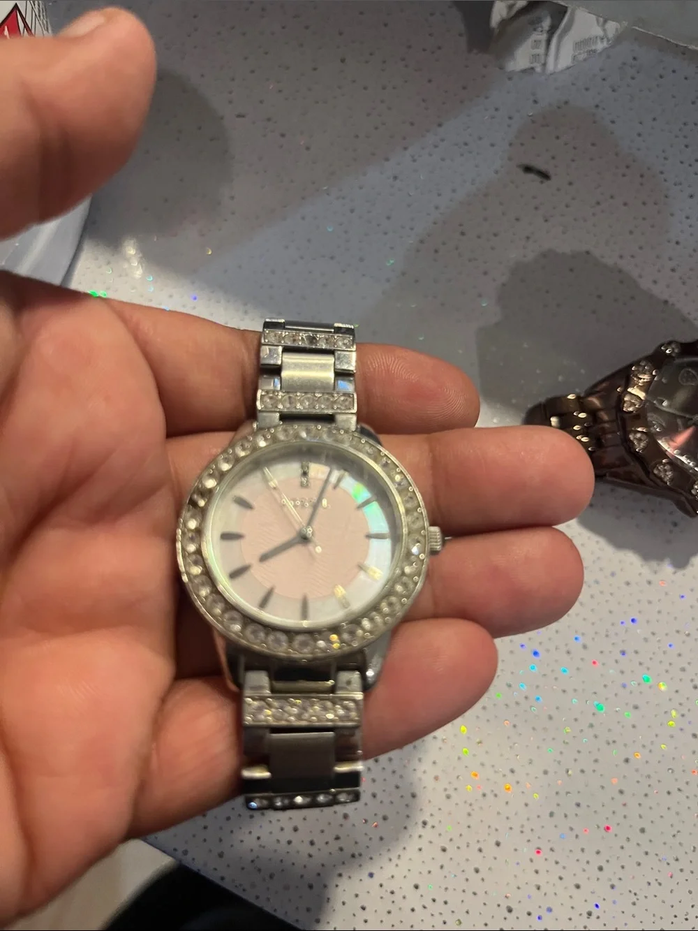 Fossil Silver accent  Bracelet Watch with Pink Dial and Crystal Accents